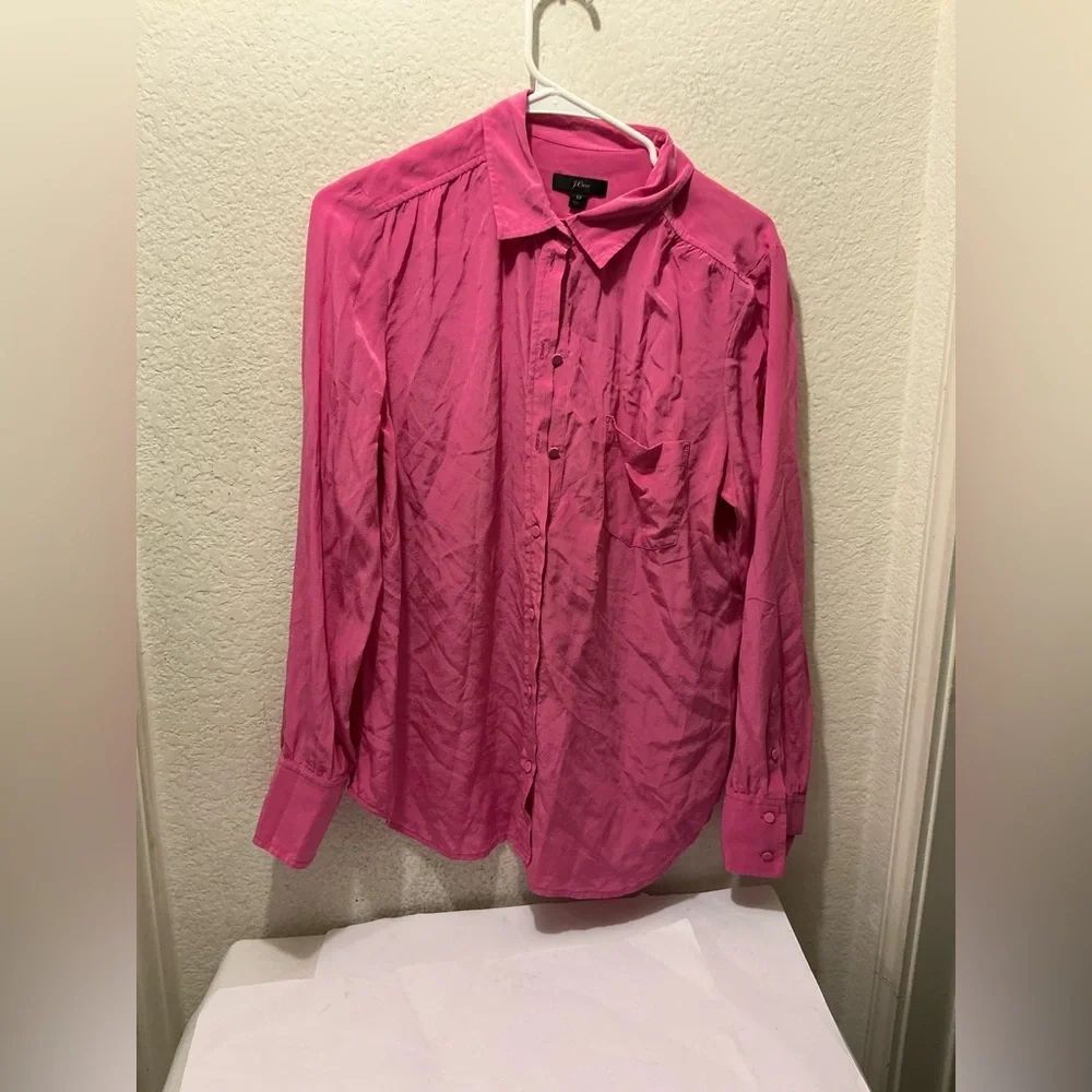 J. Crew 100% silk Vibrant Pink Collared Shirt size 12